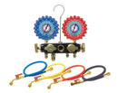 UNIWELD 4-V ALUMINUM MANIFOLD WITH 3-1/8" NPF GAUGES, 5FT EZ TURN HOSES (R32/R454B/R448A/R410A)