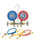 UNIWELD 2-V BRASS MANIFOLD WITH 3-1/8" NPF GAUGES, 3FT SOFT MAGIC BARRIER HOSES (R32/R454B/R448A/R410A)